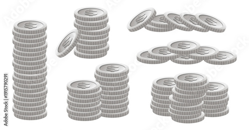 Stacks of silver coin. Pile of precious metal money. Currency profit. Finance income. Banking investment and savings. Commerce payment. Dollars heap. Vector steel monetary elements set