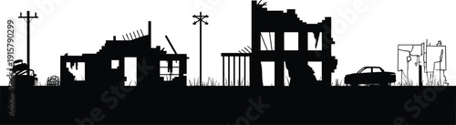 Abandoned ruined houses silhouette, destroyed urban buildings and broken car scene, disaster aftermath vector illustration isolated on white background