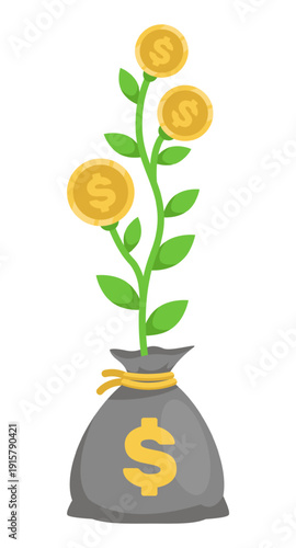 Money bag with sprouting financial plant and gold coins. Finance storage. Prosperity revenue. Cash tree growing. Profit increase. Vector concept of investment success or income growth
