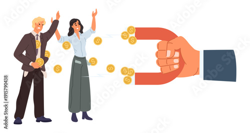 Large hand with magnet takes money from man and woman. Financial debt. Economic crisis. Loss of finance. Investment failure. Bankrupts wasting cash. Dollar inflation. Vector concept