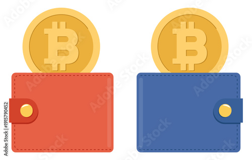 Hot and cold wallet for storing cryptocurrency or Bitcoin. Blockchain technology. Pouch with golden BTC token. Ecommerce cash. Fintech payment. Vector set of virtual e-wallet icons