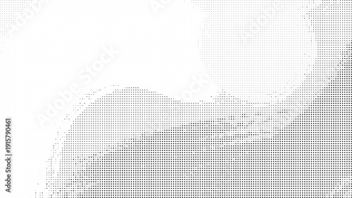 Abstract black halftone corner wave background with circular dot gradient pattern, smooth modern geometric texture on white backdrop, minimal digital design with copy space