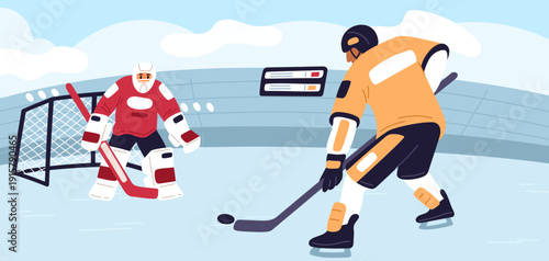 Hockey forward and goalkeeper in goal. Penalty shot at gate. Winter game competition. Athletic championship. Skaters play. Athletes team with clubs fight for puck. Vector sport match