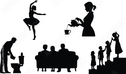 Family daily life silhouettes set, household activities parenting and children moments collection, home lifestyle vector illustration isolated on white background