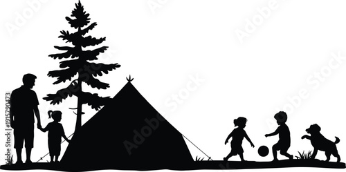 Family camping silhouette with tent and tree, father and children outdoor adventure scene, summer vacation recreation vector illustration isolated on white background