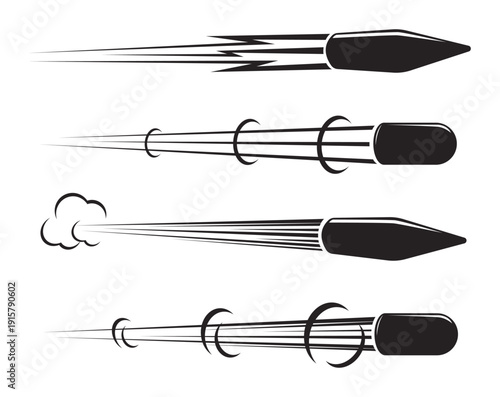 Flying bullet with traces of airflow. War weapon. Ballistic trajectory flight motion. Comic style drawing. Gunpowder combustion trail effect. Vector set of silhouettes on white background