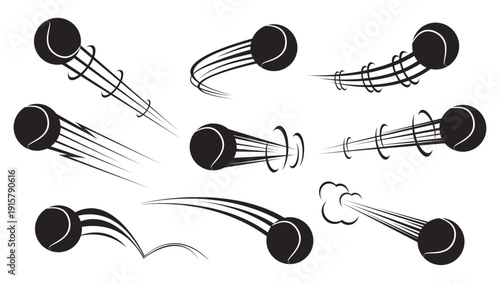 Flying balls for playing tennis with traces of air currents. Flight stream. Track effect. Speed curve motion. Championship hit and pass. Movement trajectory. Vector set of black silhouettes