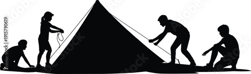 Children setting up camping tent silhouette, kids outdoor adventure activity, teamwork and summer camp concept vector illustration isolated on white background