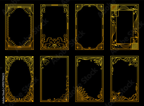 Decorative gold linear frames in Art Deco style. Floral ornament design element. Rectangular floral framework with filigree line flourish. Vector set of vintage borders for postcards
