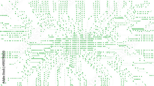Abstract green dotted technology background with scattered circular particle pattern, digital data network concept, modern geometric communication design on white backdrop