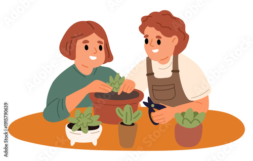 Cute little boy and girl planting houseplants in ceramic flowerpots. Young people transplant ficus into pots. Home gardening. Children care of flowers. Friends at table. Vector concept