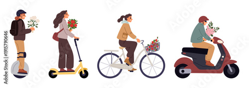 Couriers from flower delivery service ride monowheels, scooters, bicycles and mopeds. Deliveryman carries bouquets to customers. City transportation. Blossoms order. Vector delivers set