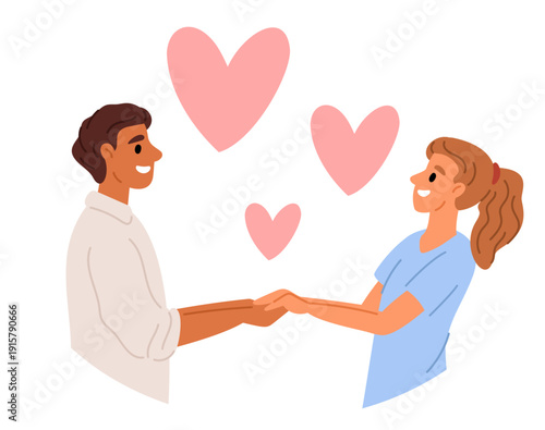 Couple in love. Man and woman holding hands. Romantic relationship. Passion between two happy people. Pink hearts. Boyfriend and girlfriend standing together for dating. Vector concept