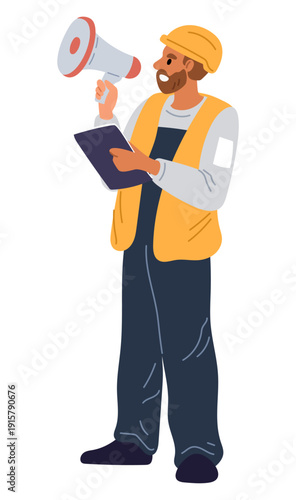 Construction company employee in protective clothing. Builder with megaphone making important announcement. Foreman speaking through loudspeaker. Man engineer announce. Vector concept