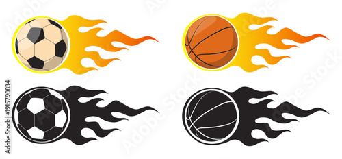 Basketball and soccer ball icons in yellow flames. Football black and white silhouette circle. Sphere in fire. Sport games. Fiery tournament. Speed flight. Fast goal. Vector symbols set