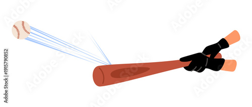 Baseball flies away from impact of bat. Sport championship. Hands hitting ball. Sportsman gesture. Beat at softball. American team play. Player exercise arm motion. Vector game situation