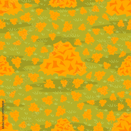 Autumn yellow leaves fall from trees. Piles of fallen plant foliage on ground. Autumnal seamless pattern. Seasonal park nature. Repeated print. Dry orange maple heap. Vector background