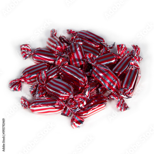 Generic Red and Silver Striped Foil Wrapped Chocolate Candy on White Background