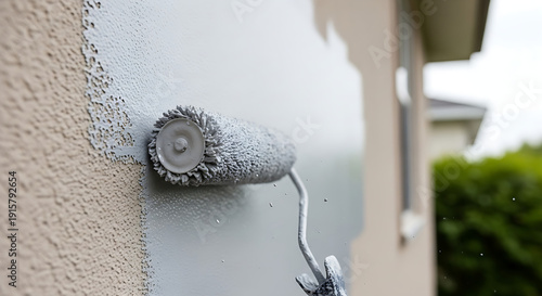 Closeup of paint roller painting exterior stucco wall with gray paint outdoors