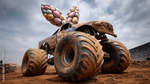 Monster truck with colorful egg wings at a muddy arena event