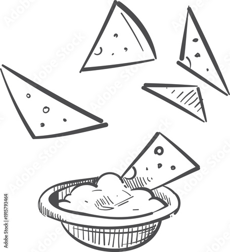 Nachos with dip sauce hand drawn icon. Food doodle