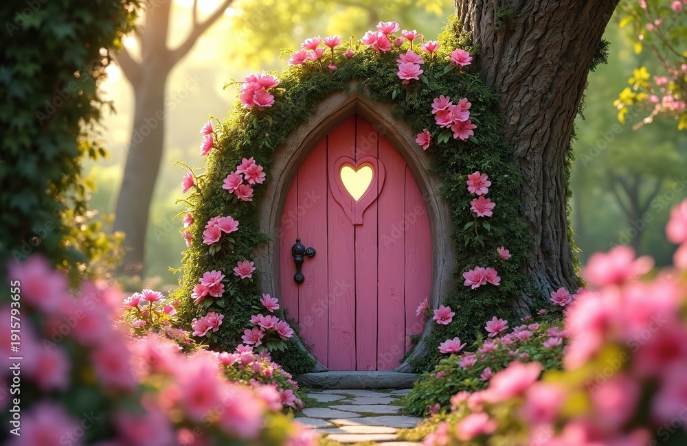 Obraz premium Pink fairy door in tree trunk entrance to secret garden with heart window. Lush green moss ivy and pink flowers frame wooden door. Soft sunlight filters through trees creating magical atmosphere.