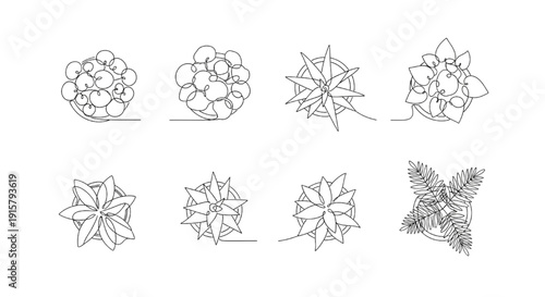 Continuous One Line Art Vector Set of Top View Potted Plants for Modern Floor Plans