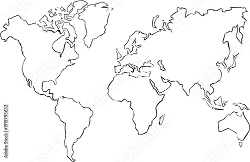 World map in linear style. Continents contour drawing
