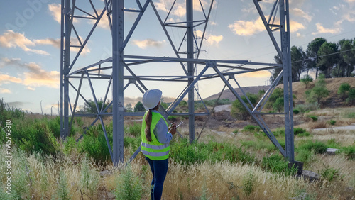 Woman engineer checking power lines and transmission tower with a digital tablet