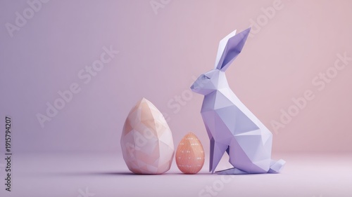 Geometric bunny and eggs on pastel background: minimalist easter concept