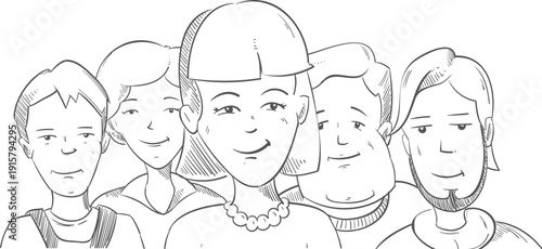 People pencil drawing. Group portrait sketch icon