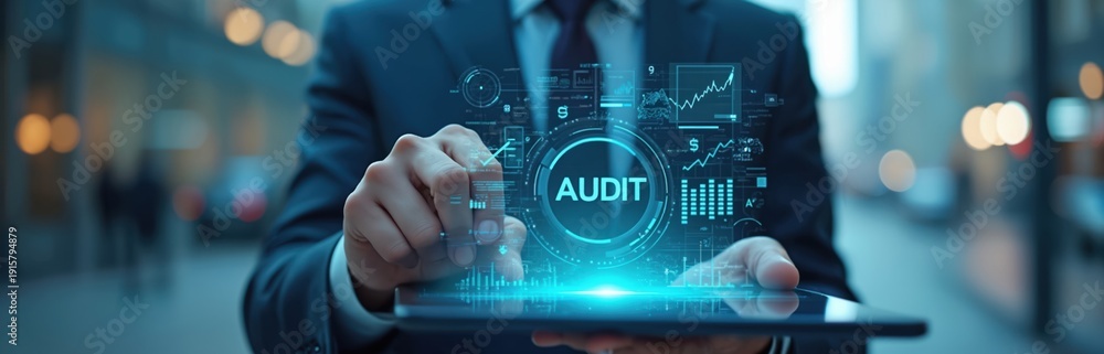Fototapeta premium Man in suit interacts with futuristic audit dashboard on tablet. Digital analysis of financial data, charts and graphs. Business intelligence concept with glowing interface.