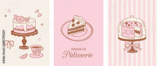 Retro pastry shop and bakery label set. Vintage illustrations of cakes and sweets for cafe logos and branding. 