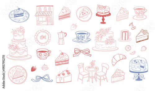 Retro pastry shop and bakery icons, logos and labels set. Vintage illustrations of cakes, coffee, desserts and sweets for cafe branding