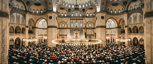 Wide-angle interior view of grand mosque filled with worshippers in sujood prostration during prayer