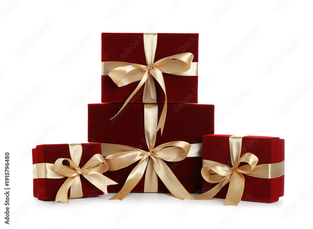 Fototapeta premium Saint Valentine's day. Beautiful velvet gift boxes isolated on white
