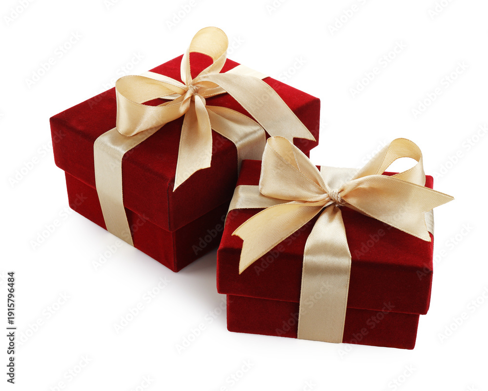 Obraz premium Saint Valentine's day. Beautiful velvet gift boxes isolated on white