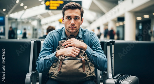 Young man experiencing travel stress sits in airport terminal, holding backpack. Passenger looks worried and tired amidst busy airport environment, reflecting effects of travel stress.