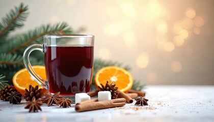 Hot mulled wine in glass mug with orange slices star anise cinnamon sticks sugar cubes fir branches and pine cones. Cozy winter beverage celebration drink for Christmas holidays.