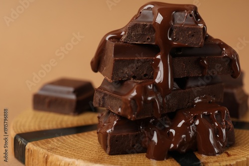 Pieces of tasty chocolate melting on wooden board against beige background, closeup