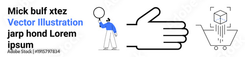 Hand gesture symbol, person with balloon, shopping cart, and 3D cube overlay. Ideal for technology, shopping, ecommerce, minimalism, user interface branding simple landing page