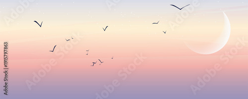 Minimal sunset sky background with crescent moon and flying birds, soft pastel gradient from peach to purple, calm evening atmosphere, flat modern illustration.