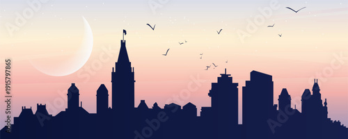 Atlanta skyline silhouette at sunset with Bank of America Plaza and downtown buildings, crescent moon and birds, soft pastel gradient sky, flat travel illustration.