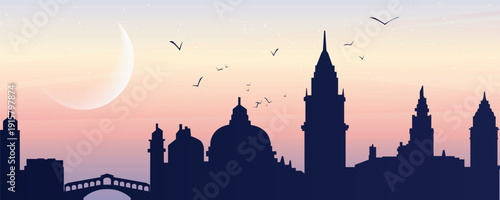 Venice skyline silhouette at sunset with St Mark’s Campanile and basilica domes, crescent moon and birds, soft pastel gradient sky, modern flat travel illustration.