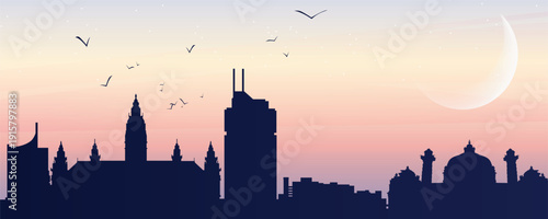 Berlin skyline silhouette at sunset with Fernsehturm and Reichstag dome, crescent moon and birds, soft pastel gradient sky, modern flat travel illustration.