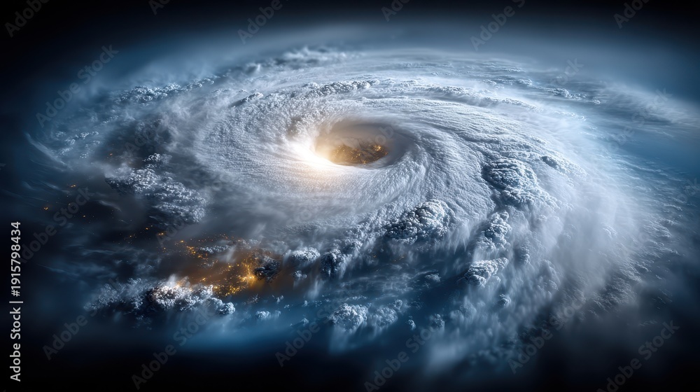 Fototapeta premium Hyper-realistic high-altitude satellite image of a massive cyclonic storm system swirling over the dark ocean with dramatic cloud formations