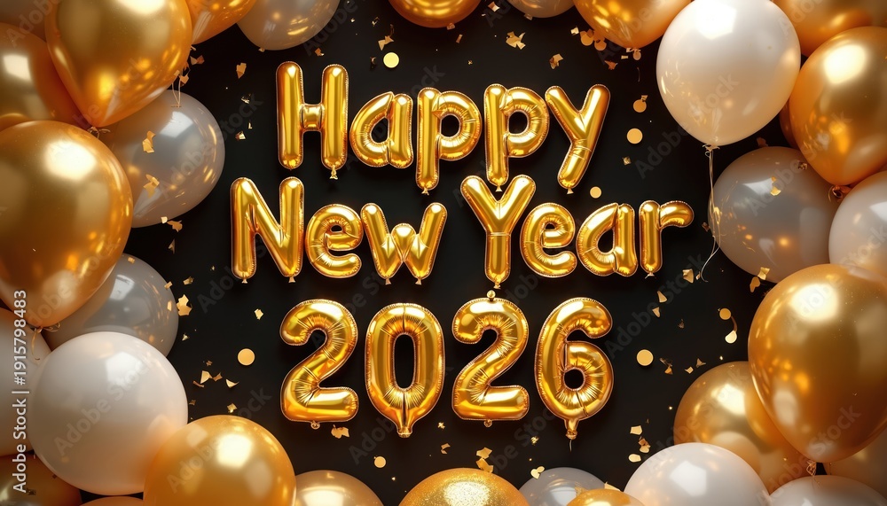 Fototapeta premium Golden balloons spell out Happy New Year 2026 on black background. Festive confetti floats around shiny balloons for celebration. New year eve party decor.