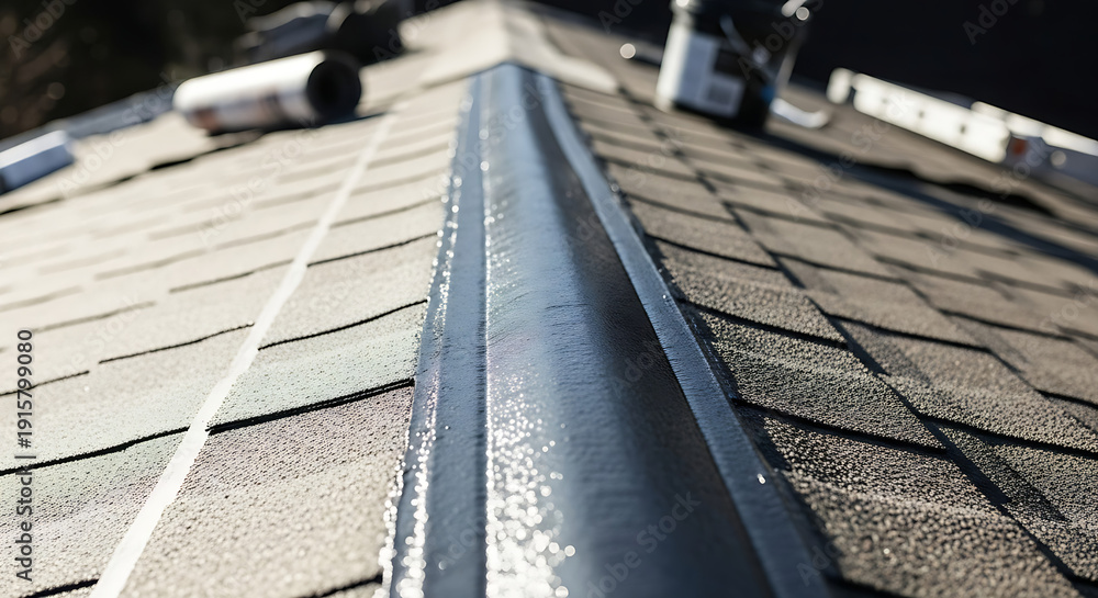 Obraz premium Closeup view of a roof gutter system on shingled rooftop