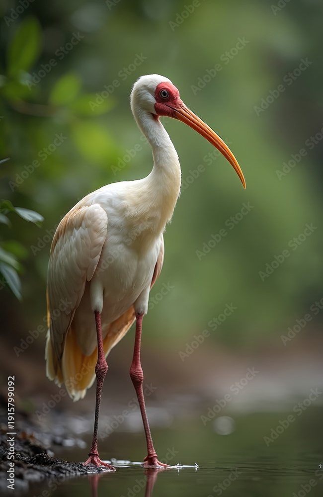 Fototapeta premium White Eurasian Spoonbill bird stands near water edge. This avian species has a long curved orange beak and pink legs. Bird plumage is creamy white with some ochre tints.