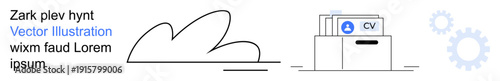 Recruitment, workflow management, corporate organization, data storage, job search, efficiency. Minimalist line art with CV in a filing box and gears. Recruitment and workflow management concept